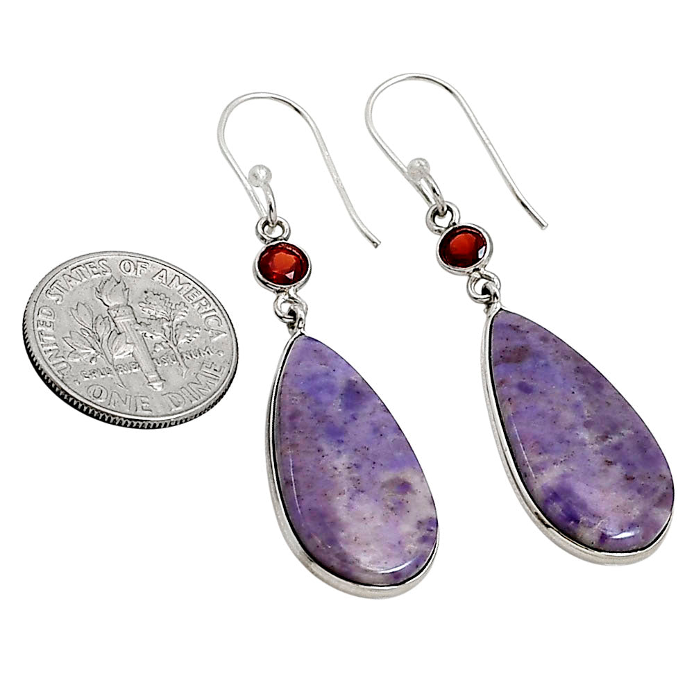 Jade and Garnet earrings sitting right next to a dime